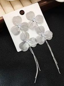 KRENOZ Silver-Plated Rhinestones Studded Floral Shaped Drop Earrings