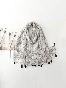 QUECY Women Floral Printed Scarf with Tasselled Border
