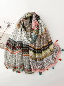 QUECY Women Printed Scarf With Tasselled Border
