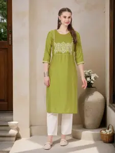 FASHOR Floral Yoke Design Round Neck Thread Work Straight Kurta