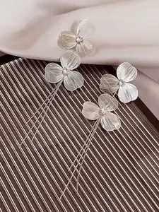 KRENOZ Silver Plated Artificial Stones Studded Triple Petal Floral Drop Earrings