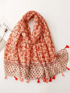 QUECY Women Printed Scarf With Tasselled Border