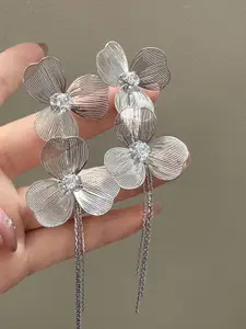 KRENOZ Silver-Plated Rhinestones Studded Floral Shaped Drop Earrings