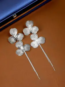 KRENOZ Silver Plated Artificial Stones Studded Triple Petal Floral Drop Earrings