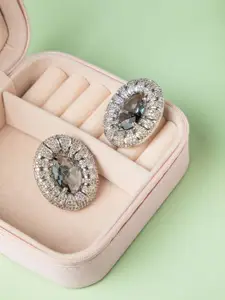 Niscka Rhodium-Plated American Diamond Studded Oval Shaped Studs