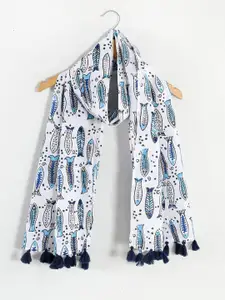 Ravaiyaa Women Hand Block Fish Printed Cotton Tasseled Scarf