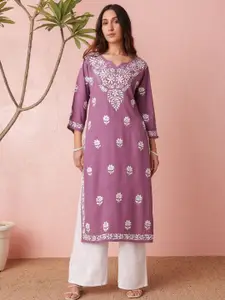 Chowkhat Women V-Neck Ethnic Motifs Embroidered Chikankari Kurta