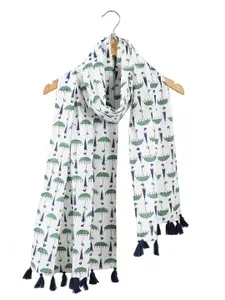 Ravaiyaa Women  Umbrella Printed Cotton Tasseled Scarf