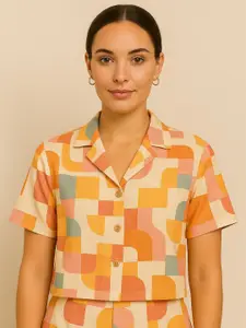 KASHIAN Women Comfort Fit Geometric Printed Cuban Collar Cotton Casual Shirt