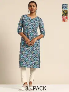 KETAKI FASHION Selection Of 3 Ethnic Motifs Printed Notch Neck Straight Kurtas