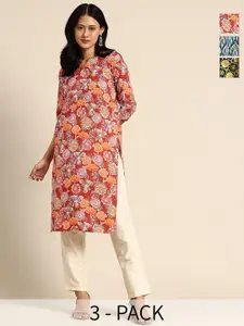 KETAKI FASHION Selection Of 2 Floral Printed Round Neck Sequinned Pure Crepe Kurtas