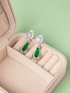 Niscka Rhodium-Plated American Diamond Stones Studded Teardrop Shaped Drop Earrings