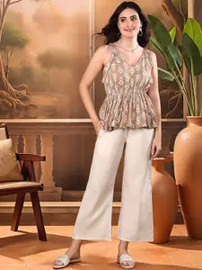 Sangria Floral Printed V-Neck Top With Trousers