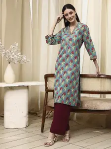 Biba Floral Printed V-Neck Straight Pure Cotton Kurta
