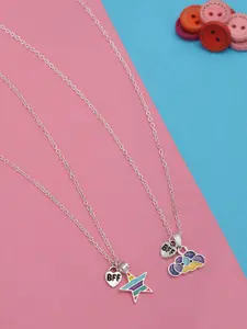 Carlton London GenZ Silver Plated Rainbow and Star Engrave BFF Enamel Pendant Necklace Set of 2 for Girls