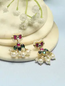 Biba Gold-Plated Artificial Stones Studded And Beaded Teardrop Shaped Drop Earrings