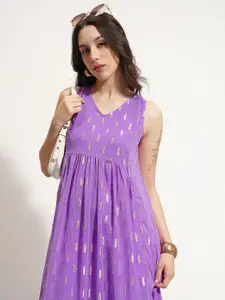 Vishudh Women V-Neck Tiered Pleated Detail Fit and Flare Maxi Dress