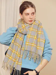 QUECY Women Checked Scarf with Frayed Border