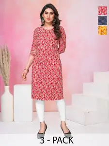KETAKI FASHION Selection Of 3 Floral Printed Round Neck Straight Kurtas