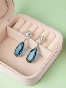 Niscka Rhodium-Plated American Diamond Studded Teardrop Shaped Drop Earrings