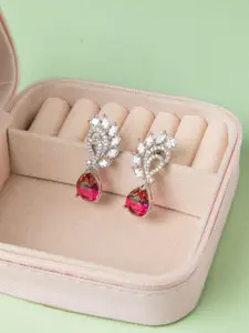 Niscka Silver-Plated American Diamond Studded Teardrop Shaped Drop Earrings