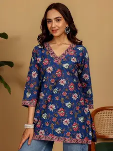 Chowkhat Women Floral Printed V-Neck Pure Cotton Straight Kurti