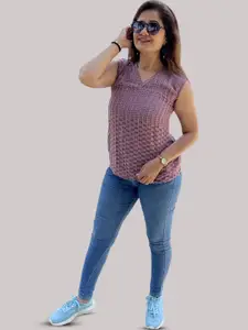 Bhanderi Fashion Women Self Design V-Neck Self Design Regular Top