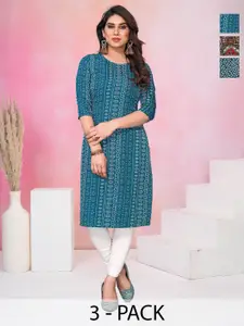 KETAKI FASHION Selection Of 3 Bandhani Printed Round Neck Straight Kurtas
