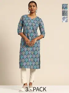 KETAKI FASHION Selection Of 3 Geometric Printed Round Neck Crepe Kurtas