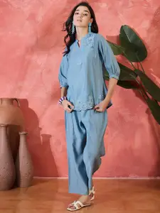 Sangria Floral Embroidered Mandarin Collar Top With Trousers