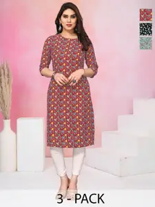 KETAKI FASHION Selection Of 3 Floral Printed Round Neck Straight Kurtas