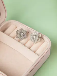 Niscka Rhodium-Plated American Diamond Studded Floral Shaped Studs