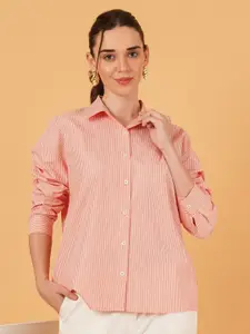 Chemistry Women Comfort Oversized Fit Vertical Striped Spread Collar Cotton Casual Shirt