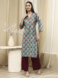 Biba Floral Printed V-Neck Pure Cotton Straight Kurta