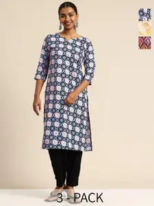 KETAKI FASHION Selection Of 3 Floral Printed Round Neck Straight Kurtas