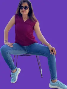 Bhanderi Fashion Women Geometric Self Design V-Neck Georgette Regular Top