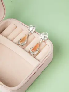 Niscka Rhodium-Plated American-Diamond Studded Teardrop Shaped Drop Earrings