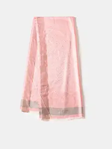 QUECY Women Ethnic Motifs Print Silk Scarf with Frayed Border