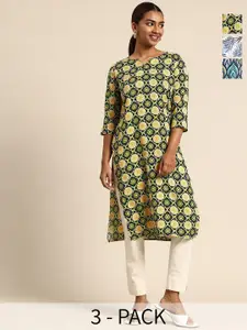 KETAKI FASHION Selection Of 3 Floral Printed Straight Thread Work Crepe Kurtas