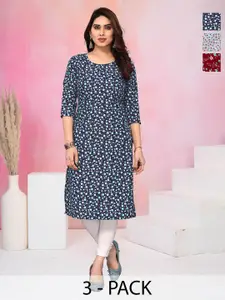 KETAKI FASHION Selection Of 3 Floral Printed Round Neck Straight Pure Crepe Kurtas