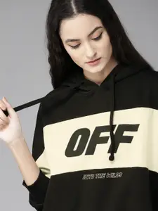 Roadster Women Black & White Colourblocked Hooded Sweatshirt