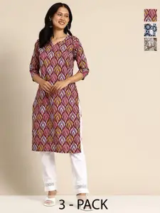 KETAKI FASHION Women Pack Of 3 Ethnic Motifs Printed Round Neck Crepe Straight Kurta