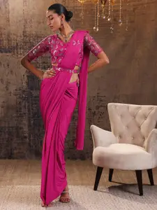 Libas Solid Draped Saree With Embellished Sequinned Work Stitched Blouse and Belt