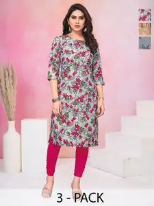 KETAKI FASHION Women Pack Of 3 Floral Printed Round Neck Crepe Straight Kurta