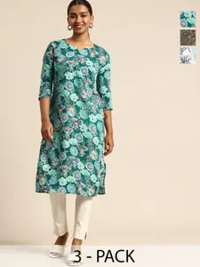 KETAKI FASHION Selection Of 3 Floral Printed Round Neck Straight Kurtas