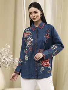 Biba Women Floral Printed Cuffed Sleeves Cotton Shirt Style Longline Top