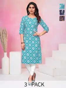 KETAKI FASHION Selection Of 3 Floral Printed Round Neck Straight Kurtas