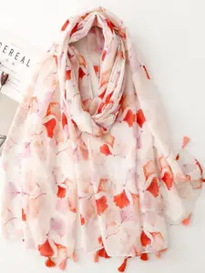 QUECY Women Floral Print Scarf with Tasselled Border