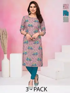KETAKI FASHION Selection Of 3 Floral Printed Round Neck Straight Kurtas