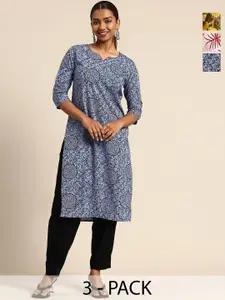 KETAKI FASHION Selection Of 3 Ethnic Motifs Printed Round Neck Straight Kurtas